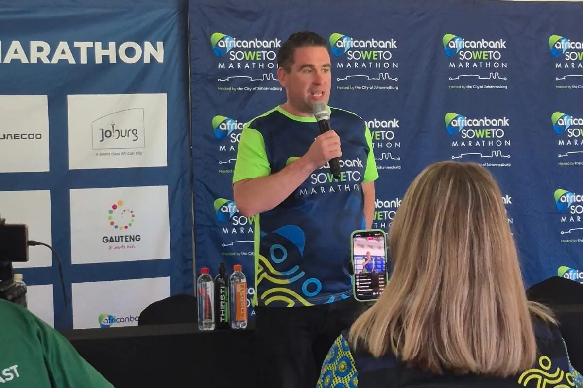 Danny Blumberg speaking at the African Bank Soweto Marathon media conference